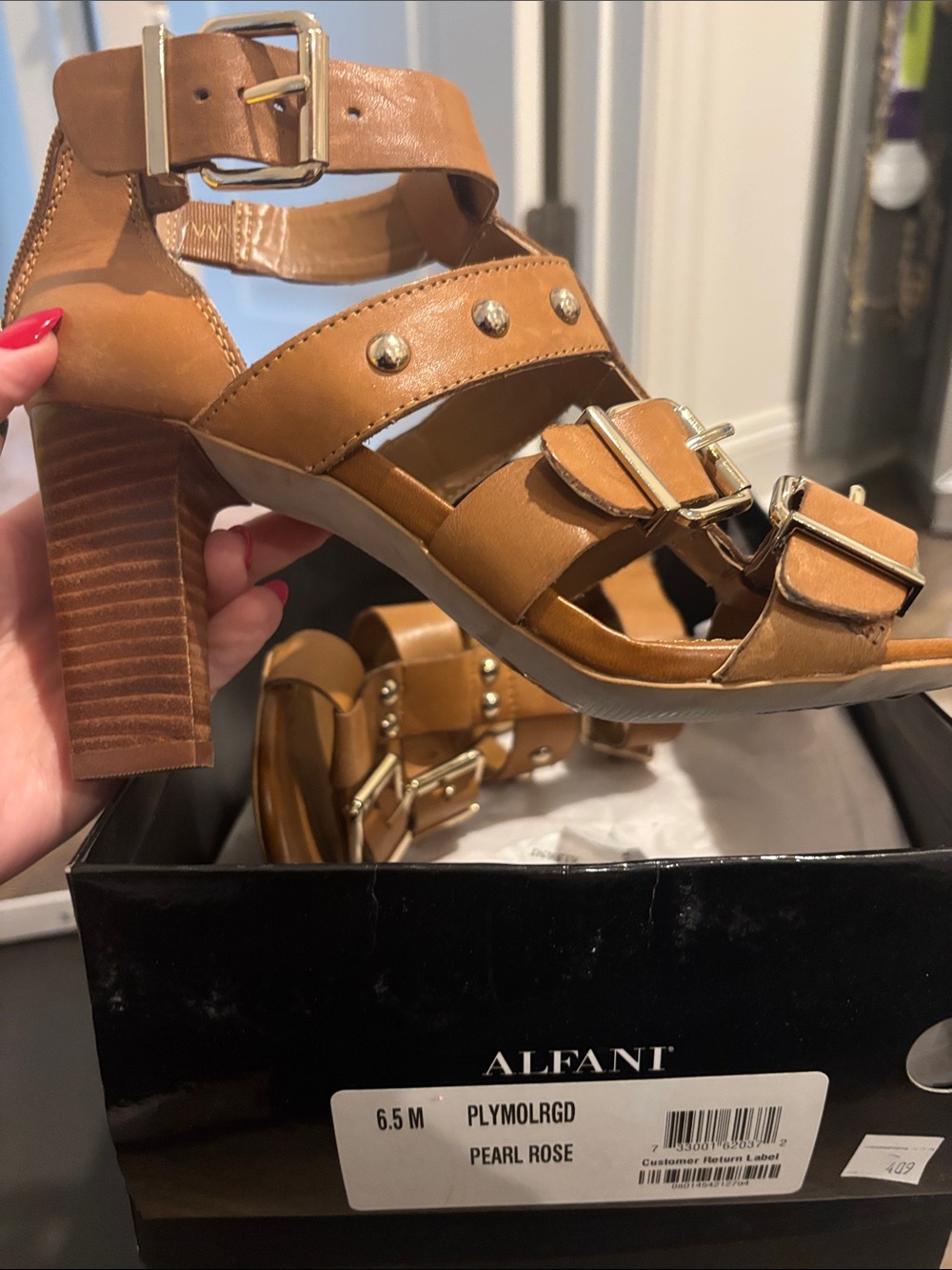 Alfani Tan Buckle & Stud Block Heel Sandals